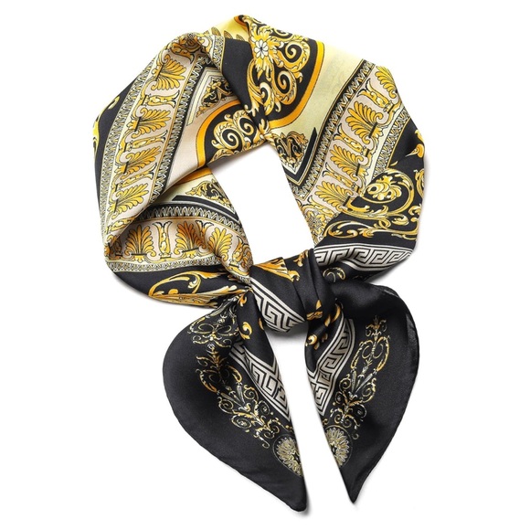 Accessories - Women's Fashion Satin Head or Bag Scarf - Black and Gold - 27.5” New